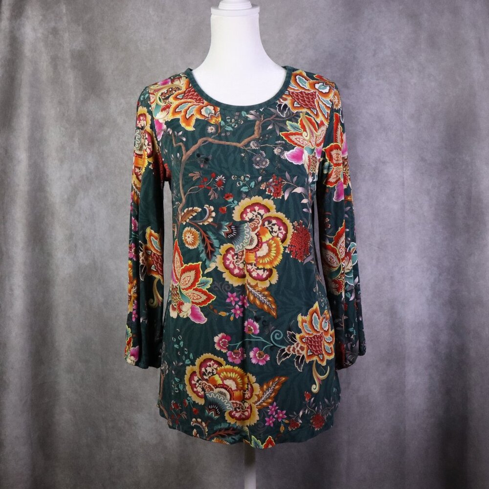 Johnny Was Orizaba Top Womens S Multicolor Floral Puff Sleeve Round Neck Boho - Picture 1 of 8
